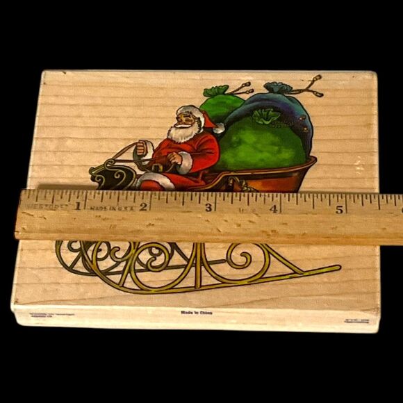 Stampabilities Santa in Sleigh Large Wood Mount Rubber Stamp Christmas NEW - Picture 9 of 10
